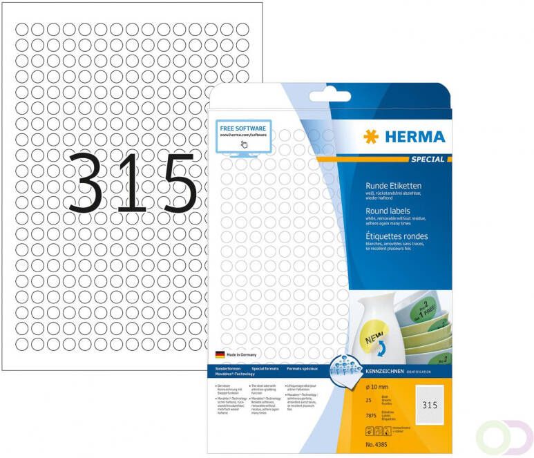 Herma Verwijderbare etiketten A4 Ã 10 mm rond wit wit MovablesÂ® Technology